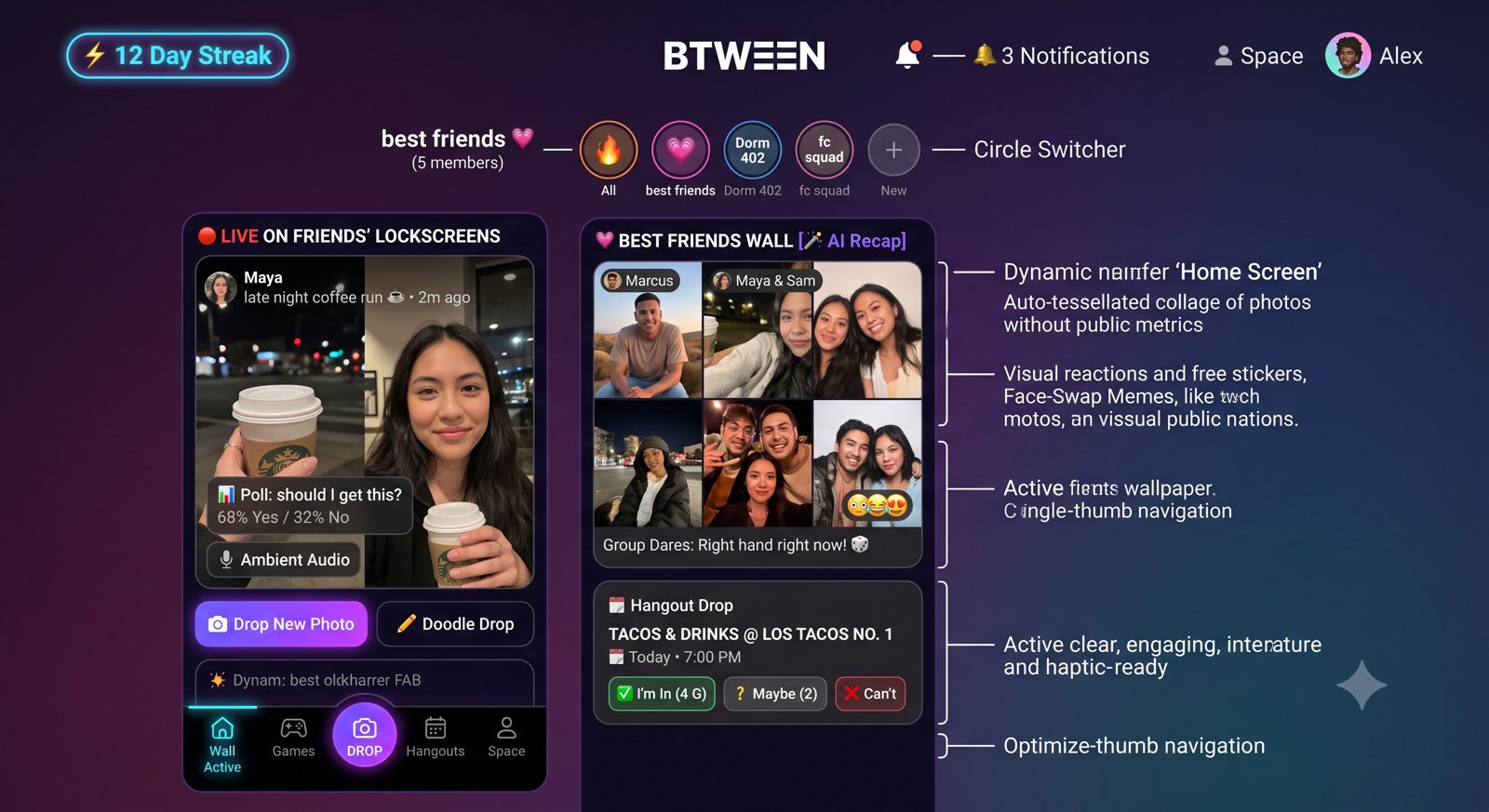 Best Friends Wall — auto-collage, reactions and status songs